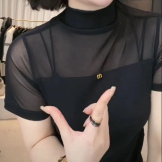 2025夏季 新款 百搭性感 短袖 T恤 半高領 時尚修身洋氣小衫蕾絲 上衣 短袖 T恤【YOYO】