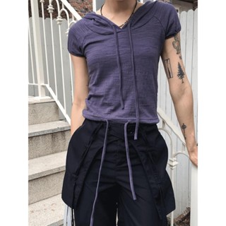 Codibook｜韓國 wonderwonder 連帽V領拉鍊綁帶短袖T恤［預購］短袖上衣 T恤 女裝