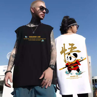 夏季 休閒 無袖熊貓印花t恤 背心男 寬鬆潮牌ins 情侶坎肩坦克上衣 男生運動大碼 衣服 坎肩汗背心男（DB2151）
