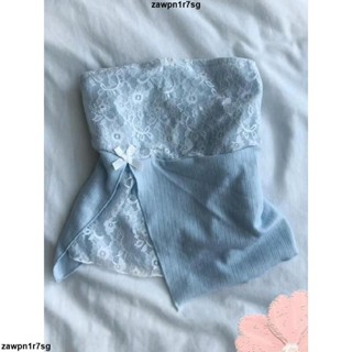 超低價四 抹胸女裝 抹胸背心 修身美背 古著小眾法式清純性感拼接蕾絲修身抹胸藍色上衣收腰夏季新款女
