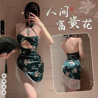 風情 情趣內衣性感小胸古風旗袍印花流蘇制服誘惑露背純欲睡裙戰袍套裝