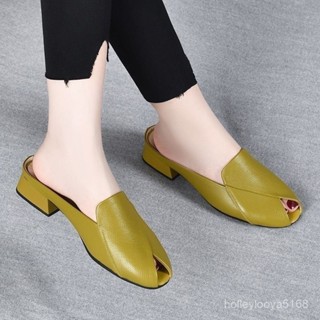 JOJO時尚女裝店⭐ 臺灣出貨 真皮懶人 半拖鞋女 粗跟 2025新款 夏季外穿 平底鞋 時尚魚嘴軟皮 涼拖鞋