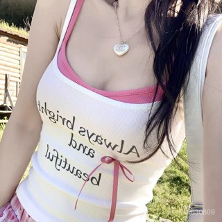 QB 性感上衣 辣妹風 上衣 純棉兩件套蝴蝶結拚接撞色美式吊帶夏季背心辣妹修身字母印花