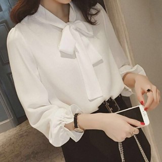 Luxi❤2023新款夏季韓版大碼襯衫蝴蝶結公主袖百搭雪紡上衣係帶襯衣女