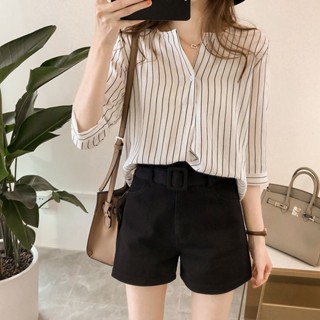 Luxi❤2025夏季新款韓版時尚大碼圓領條紋襯衫女七分袖上衣寬鬆休閒襯衣