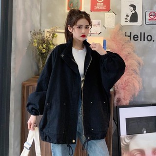 Good✨春秋韓版2025新款寬鬆中長款抽繩拉鏈BF風網紅長袖工裝外套女ins