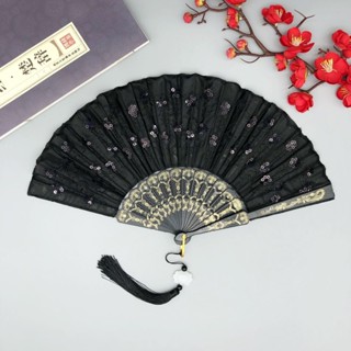 🎀畢業季特惠🎀扇子【2.6萬人】孔雀舞蹈扇子黑桿彩桿亮片中國風扇子舞蹈扇摺扇女童古風扇子石頭生活館