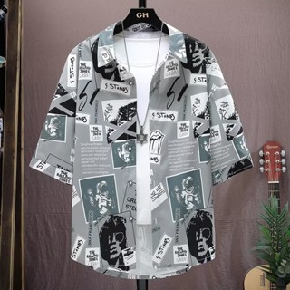 M-8XL 臺灣出貨 襯衫 印花襯衫男短袖夏季時尚寬鬆休閒寸衫青少年潮流痞帥半袖襯衣外套 潮流款 百搭 沙灘襯衫