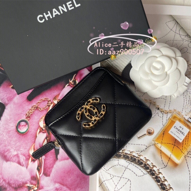 現貨二手 CHANEL 香奈兒 黑色羊皮 19拉鏈錢包 卡片夾 卡夾 零錢包 卡包 AP2086