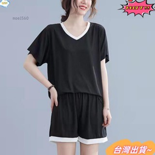 ✨臺灣免運大尺碼 家居服 睡衣套裝 冰絲睡衣套裝 兩件式睡衣套裝 女裝睡衣女夏薄款寬鬆短袖短褲居家服二件套裝