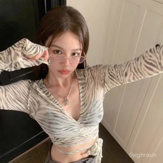 【韓係蜜語】官圖實價 薄防曬交叉v領斑馬紋T恤女夏辣妹性感綁帶短款長袖上衣