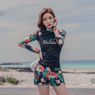 🌀元氣G!韓版防曬泳衣 浮潛泳衣 水母衣 二件組泳裝 熱帶花朵 長袖泳衣 女潛水服 溫泉泳衣 衝浪衣 泳衣 上衣E5