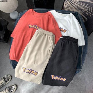 男生夏季套裝👕 夏季短袖t恤男休閒套裝港風皮卡丘五分褲ins潮流寬鬆衣服運動短褲