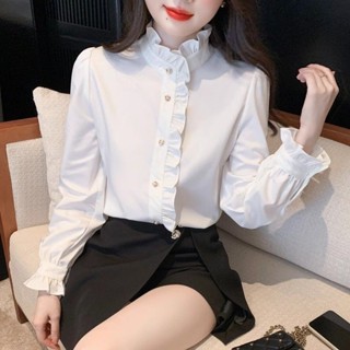 【免運24-H】泡泡袖襯衫女|韓版花邊開衫|法式洋氣上衣|高檔荷葉立領襯衫|泡泡袖上衣|春秋長袖襯衫|素色上衣|純色立領