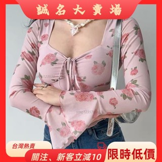 💮臺灣熱賣💮💮精選💮法式長袖襯衫甜美網紗花朵印花喇叭袖方領襯衫女短款修身性感純慾風長袖上衣V領上衣ZYB