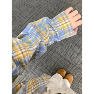 【四季服飾】美式複古格子襯衫女慵懶風中長款寬鬆上衣休閒外搭防曬衣