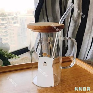 600ml大容量馬克杯 ins透明玻璃杯 可愛帶把手馬克杯附蓋 喝水泡茶杯 卡通 耐熱 隔熱水杯 咖啡杯 果汁杯 牛奶杯