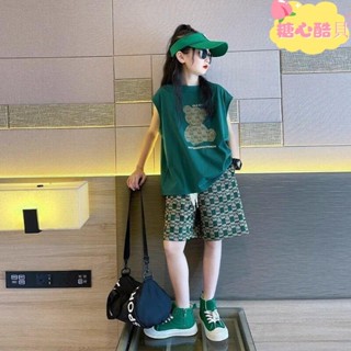 【臺灣出貨】女童背心短褲套裝120-170碼夏季兒童嘻哈穿搭無袖T恤上衣+褲子兩件套中大童