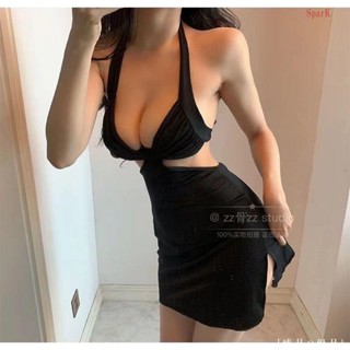 🔥臺灣出貨🔥低胸深V設計開叉露背綁帶露腰掛脖內搭連衣裙女薄款性感包臀裙 辣妹連衣裙 A字裙 性感洋裝 吊帶短裙 禮服
