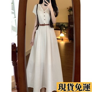 Umi🌷限時下殺🌷洋裝連身裙 日系女裝大尺碼夏裝 白色牛仔長洋裝法式連衣裙 韓國藍色穿搭復古裙收腰小個子女裝 個