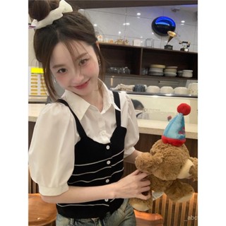 【桃園發貨免運】❥熱賣❥小眾設計感假兩件針織背心拚接POLO領襯衫女夏季甜美休閒減齡上衣 CEOT