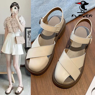 🌸精選熱賣🌸PLOVER正品真皮包頭涼鞋夏季百搭外穿鏤空交叉帶女鞋平底羅馬涼鞋