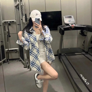 韓係 藍白格條紋長袖襯衫 開衫外套 女裝 長袖上衣 寬鬆氣質休閒上衣 防曬襯衣 長袖襯衫 防曬襯衫 襯衫 甜美 女生襯衫
