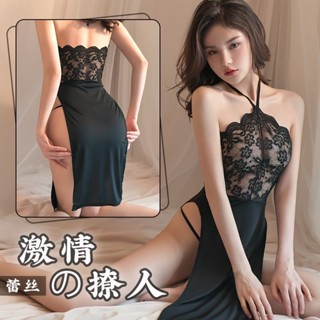 小野貓 情趣內衣蕾絲抹胸透視旗袍制服誘惑睡衣性感開叉長裙系帶免脫套裝
