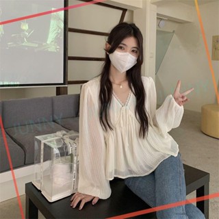 JY 法式性感v領雪紡衫女生短版上衣 小個子新款春夏季設計感小眾寬鬆別緻長袖襯衫長袖襯衫小衫防曬【22