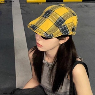 特惠五 防曬帽 遮陽帽 多巴胺美式復古黃色格子反戴前進帽女夏薄款網紅日系百搭畫家帽潮