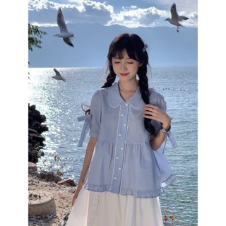 ♥♥臺灣限時低價♥♥甜美娃娃領襯衫女2025年夏季新款蕾絲短袖設計感小眾泡泡袖上衣潮