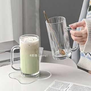 飲料杯 環保杯 果汁杯 耐熱玻璃水杯 咖啡杯 冷飲 水杯 ins簡約玻璃帶把直身水杯小眾設計啤酒杯咖啡杯牛奶杯柳葉果汁杯