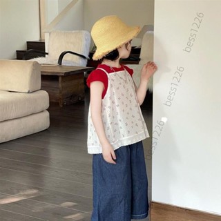 [買2減10]韓國童裝女童套裝短袖上衣t恤夏天衣服女童夏裝田園風碎花蕾絲吊帶罩衫T恤女孩闊腿牛仔褲套裝洋氣正韓 FF05