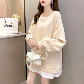 【W-SHOP】Ⓗ大尺碼 大尺碼上衣 假兩件上衣 長袖衛衣 秋季女裝加肥加大碼寬鬆寬鬆假兩件百搭長袖衛衣