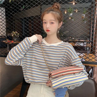 77💞ins秋季韓版2023新款寬鬆泫雅風條紋長袖T恤女學院風薄款學生上衣