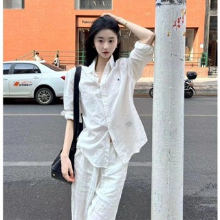 百搭襯衫 顯瘦上衣 休閒上衣 上班襯衫 女生襯衫 時尚襯衫鹽係刺繡韓版長袖防曬襯衫女夏季慵懶寬鬆簡約襯衣氣質薄款上衣潮