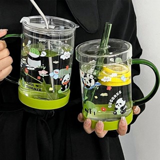 【尋野旗艦店】大容量熊貓玻璃杯帶把吸管杯卡通家用喝水杯帶蓋辦公室咖啡杯子