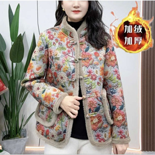 【ZFX闆娘自留】大尺碼寬鬆棉服 韓國冬天女裝外套 韓版棉襖時尚洋氣 冬季刷毛保暖一件式絨棉襖外套時尚媽媽裝復古盤扣碎花