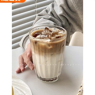 熱銷優選♥玻璃杯豎條紋拿鐵咖啡杯冰美式咖啡館復古飲料杯 簡約時尚精緻高階玻璃杯子家用喝