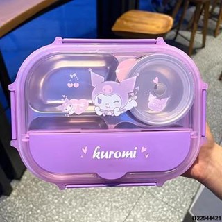 桃園發貨★Kuromi cinnamoroll 304不銹鋼四格飯盒兒童大耳狗便當盒湯勺筷子卡通保溫餐盒twins pu