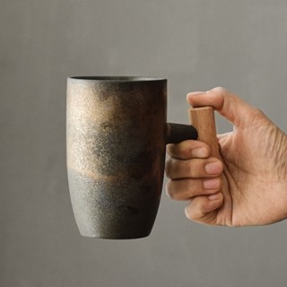 【限時特惠】極簡木柄馬克杯手工復古咖啡杯陶瓷茶杯單杯