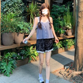 🟠ViVi SHOP🟠 拚接假兩件吊帶格子背心夏季寬鬆顯瘦外穿蕾絲無袖露肩上衣遮肉