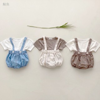 💕闆娘嚴選💕韓版夏款寶寶衣服 寶寶背帶褲套裝 兒童短袖 寶寶T恤 男童女童T恤短袖套裝 純棉上衣褲子兩件套C3