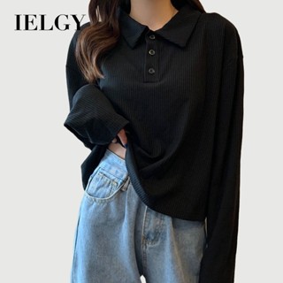 IELGY 寬鬆上衣韓版灰色polo領長袖t恤女潮流