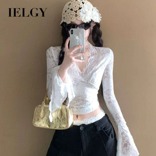 IELGY 女士鏤空V領長袖蕾絲上衣