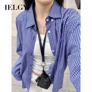 IELGY 藍色格子長袖襯衫女oversize寬鬆休閒上衣