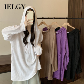 IELGY 女裝早秋中長連帽長袖T恤寬鬆上衣