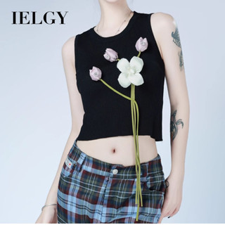 IELGY 女士甜辣吊帶背心鬱金香花朵裝飾圓領無袖針織修身上衣