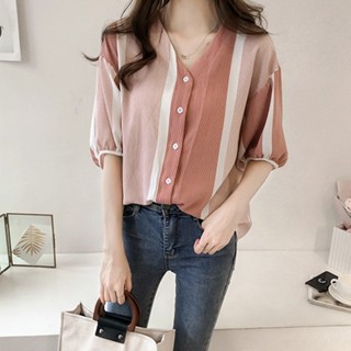 ✨夜夜生活館✨ M-4XL❤❤襯衫 寬鬆 短袖 V領 條紋襯衫 女生襯衫 條紋上衣 女生衣著 正韓上衣 大尺碼衣著 學院
