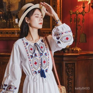 民族風白色刺繡花連衣裙鬆緊腰尼泊爾度假穿搭燈籠袖長裙